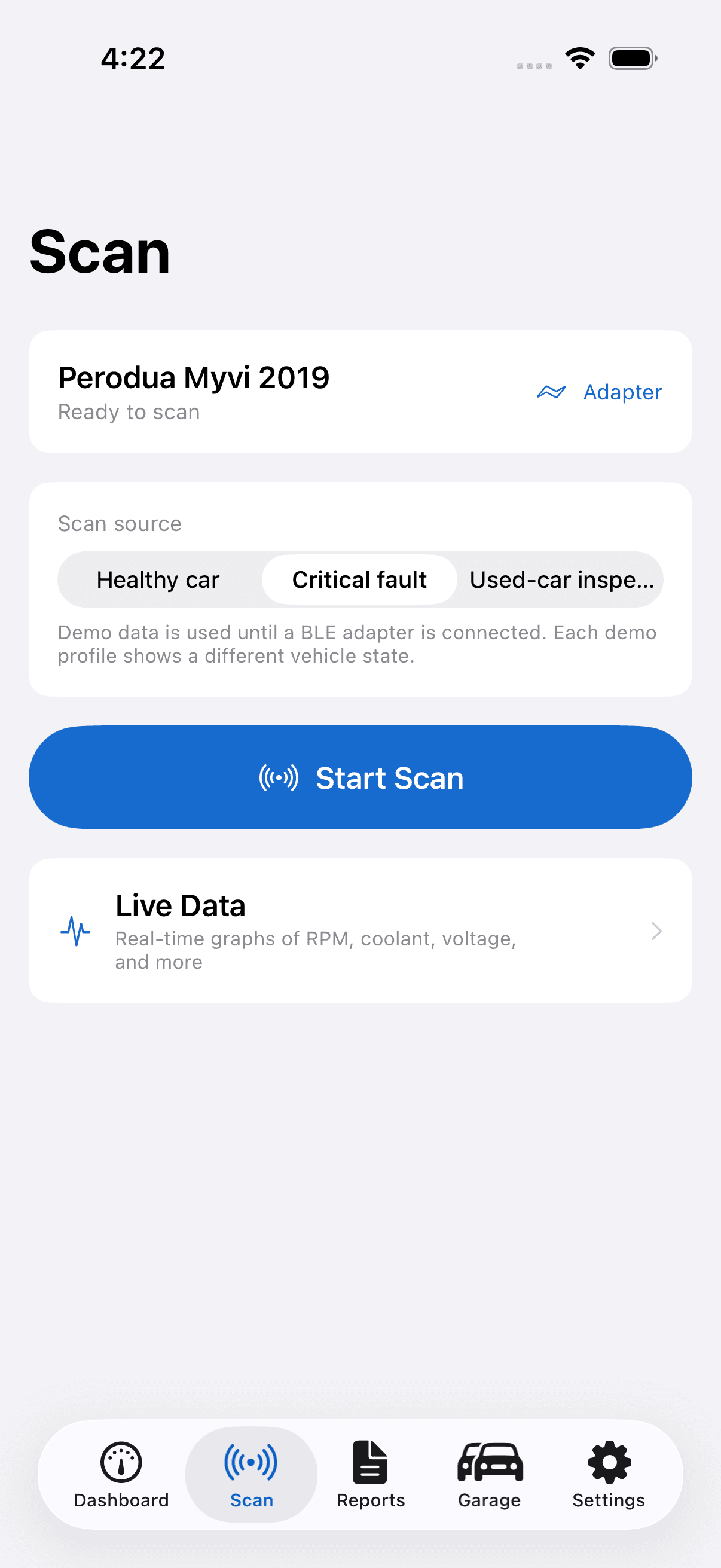 AutoMalaya OBD — Scan tab