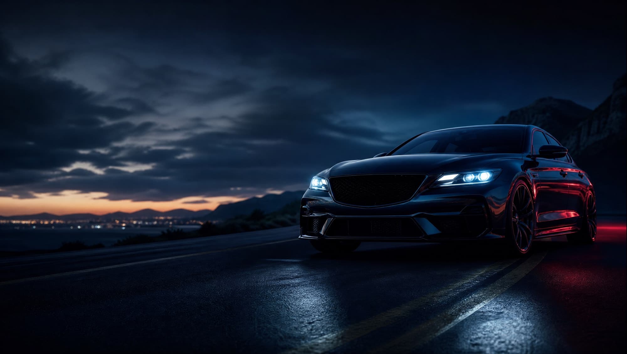 A modern car on the open road at dusk with red and blue lighting