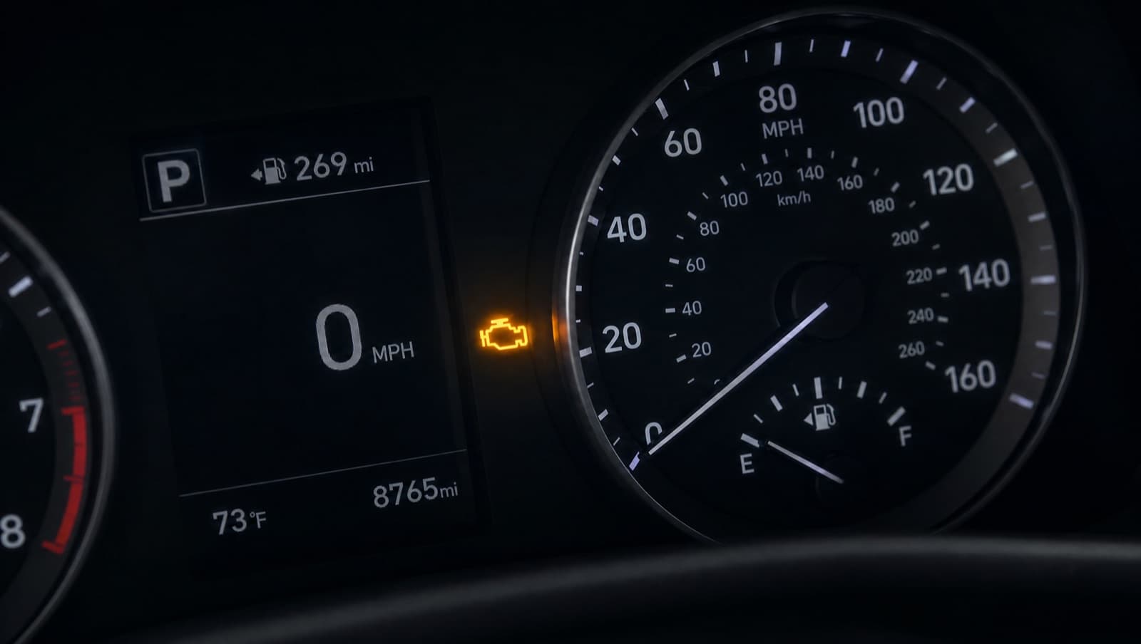 A glowing check-engine warning light on a car dashboard