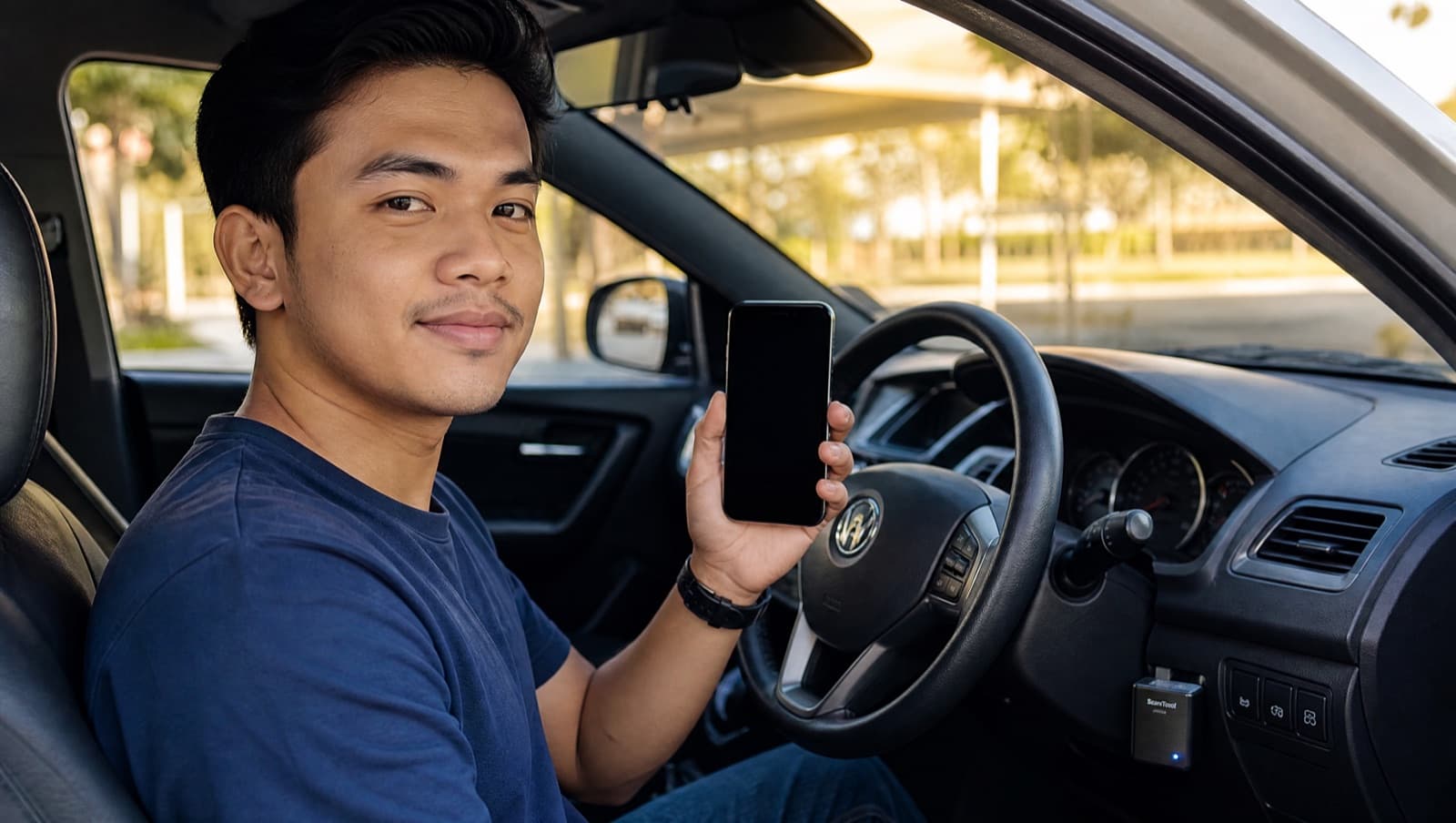 A Malaysian driver using AutoMalaya OBD on an iPhone in the car