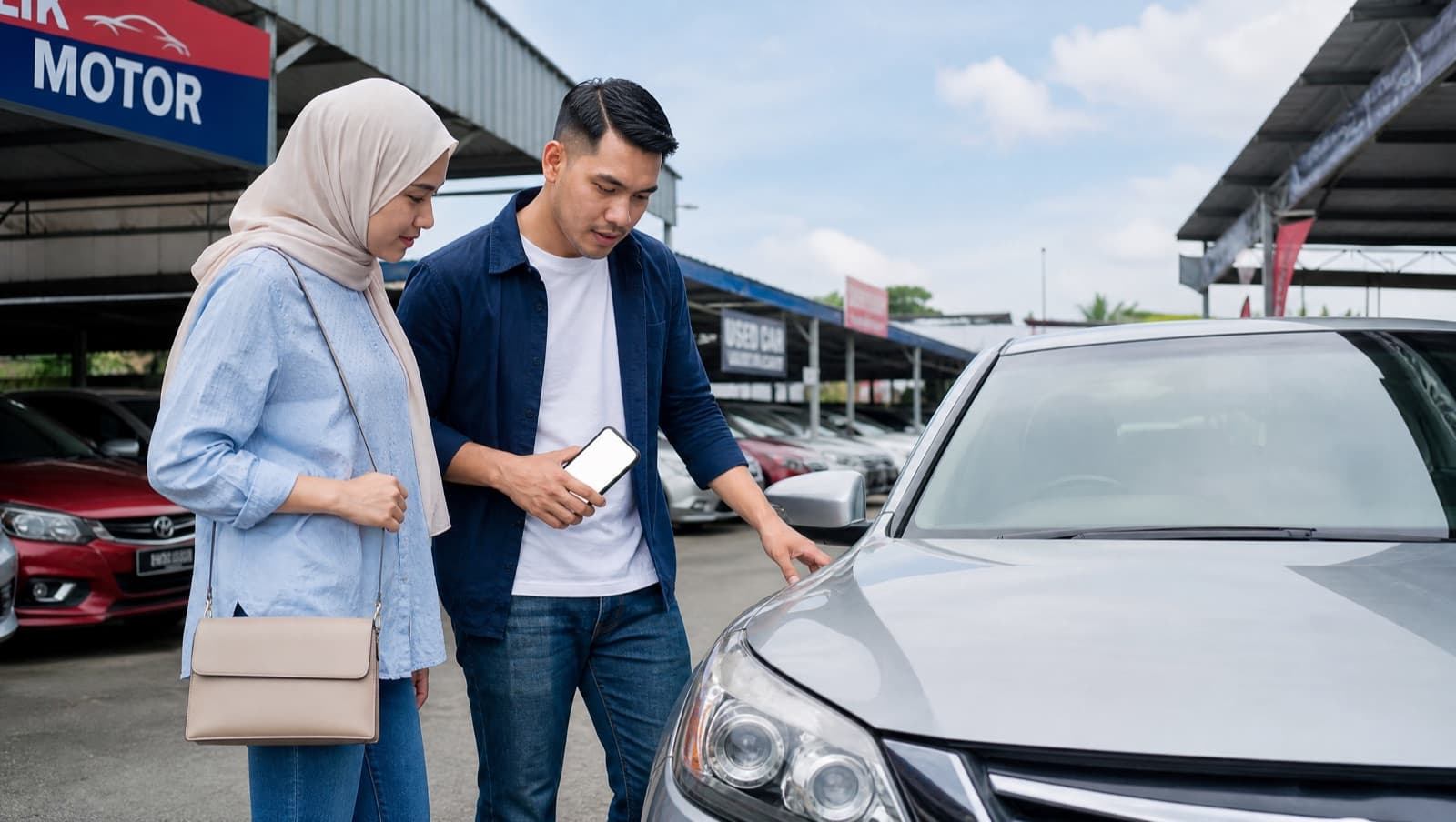 A Malaysian couple inspecting a used car at a dealership